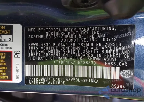 2015 Toyota Camry Le из США, поврежденный, VIN 4T4BF1FK7FR488839